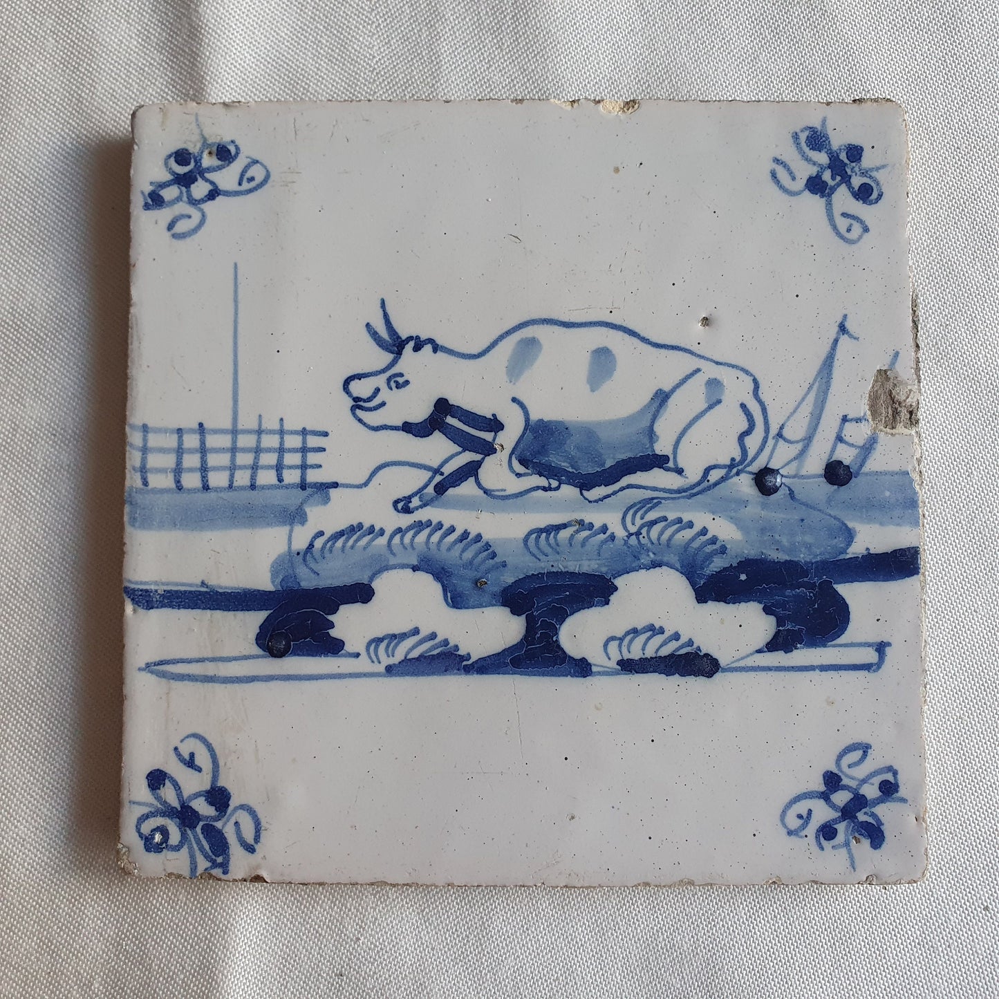 Antique Delft Blue Tile – 18th Century Dutch Cow Design
