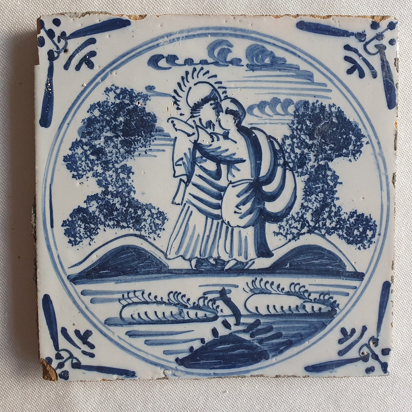 Antieke tegel met Bijbelse voorstelling  18th in ossekophoek, antique dutch delft blue tile bible