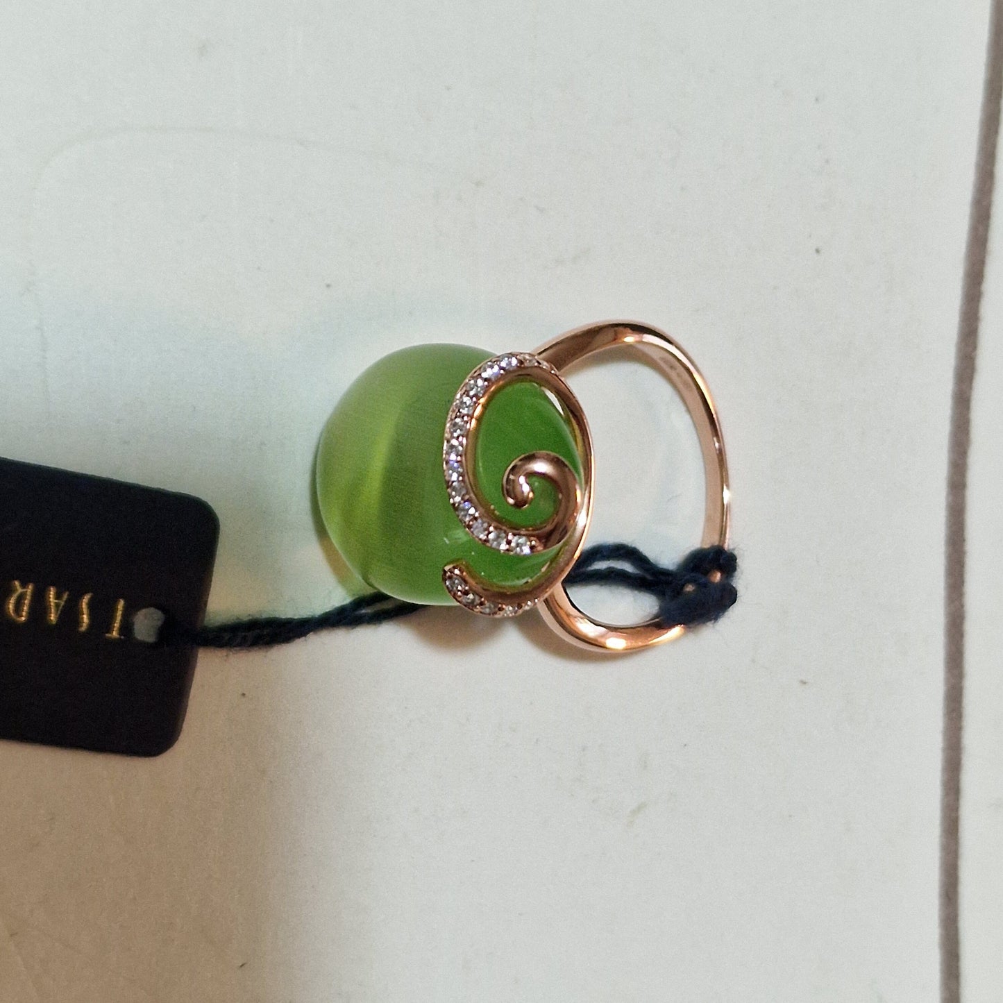 FABERGE Tatiana Sterling Silver Gilded Egg Ring, Green Cabochon Fabergé