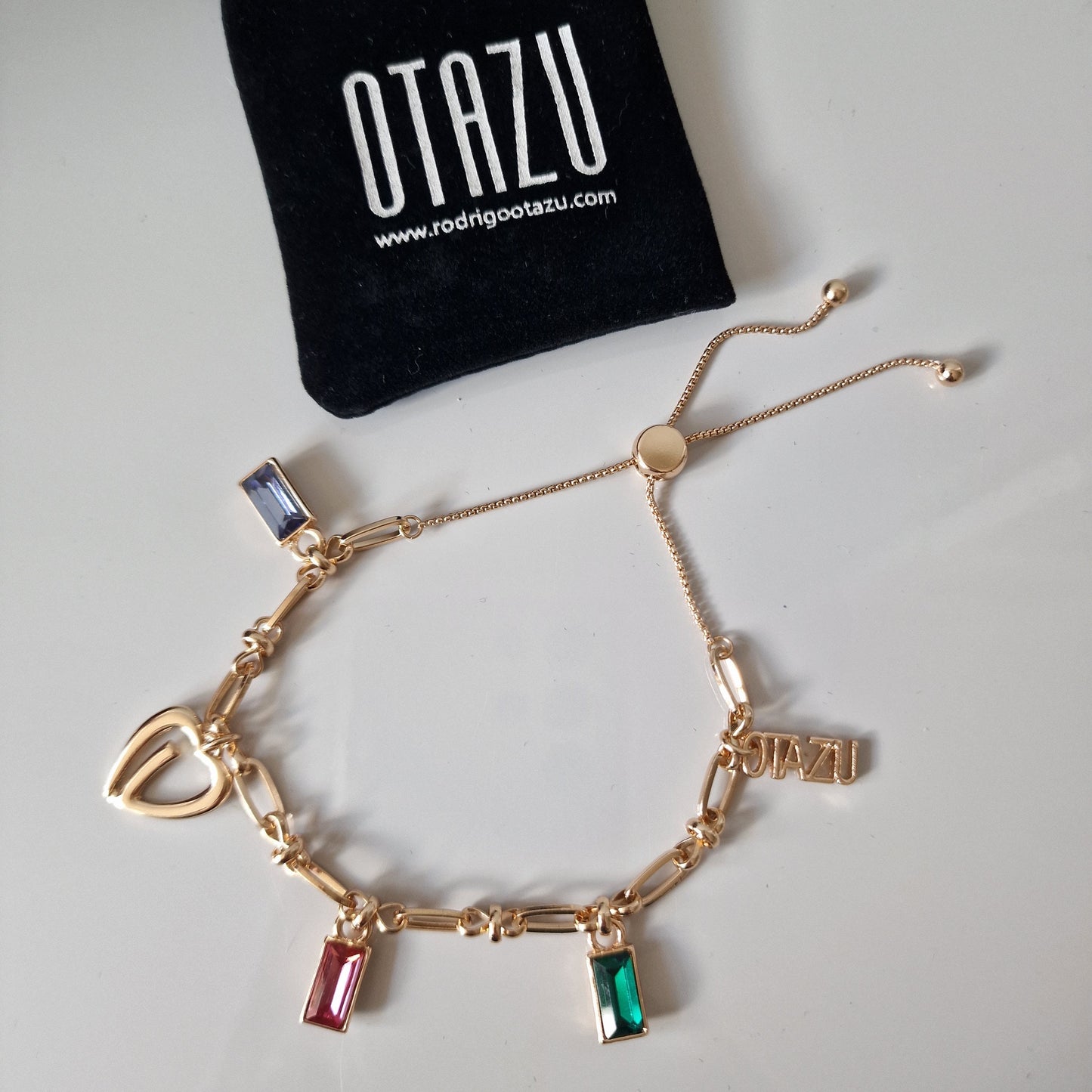OTAZU Gold Plated Charm Bracelet, Gem Crystals, Adjustable Size