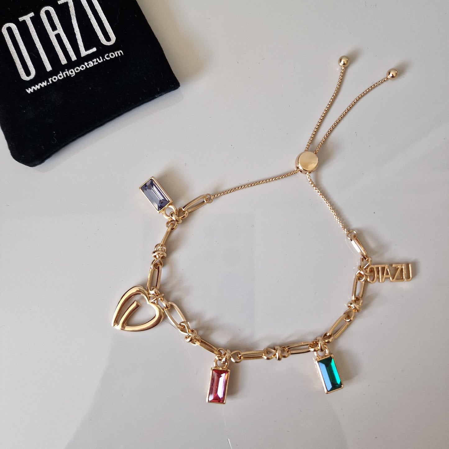 OTAZU Gold Plated Charm Bracelet, Gem Crystals, Adjustable Size