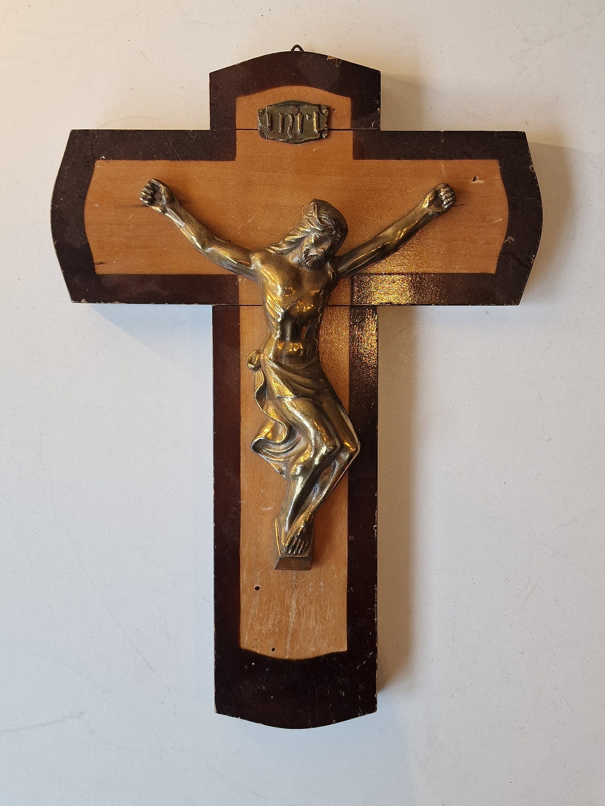 Antique Handcarved Wood Cross, Bronze Jesus Icon, ca 1900