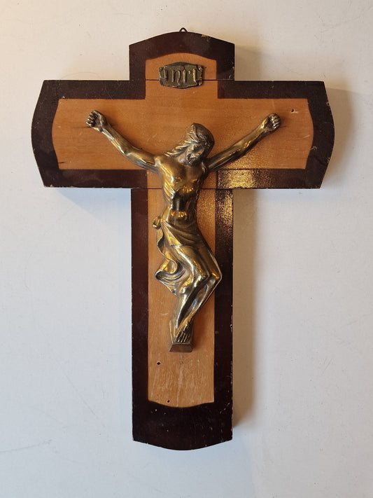 Antique Handcarved Wood Cross, Bronze Jesus Icon, ca 1900