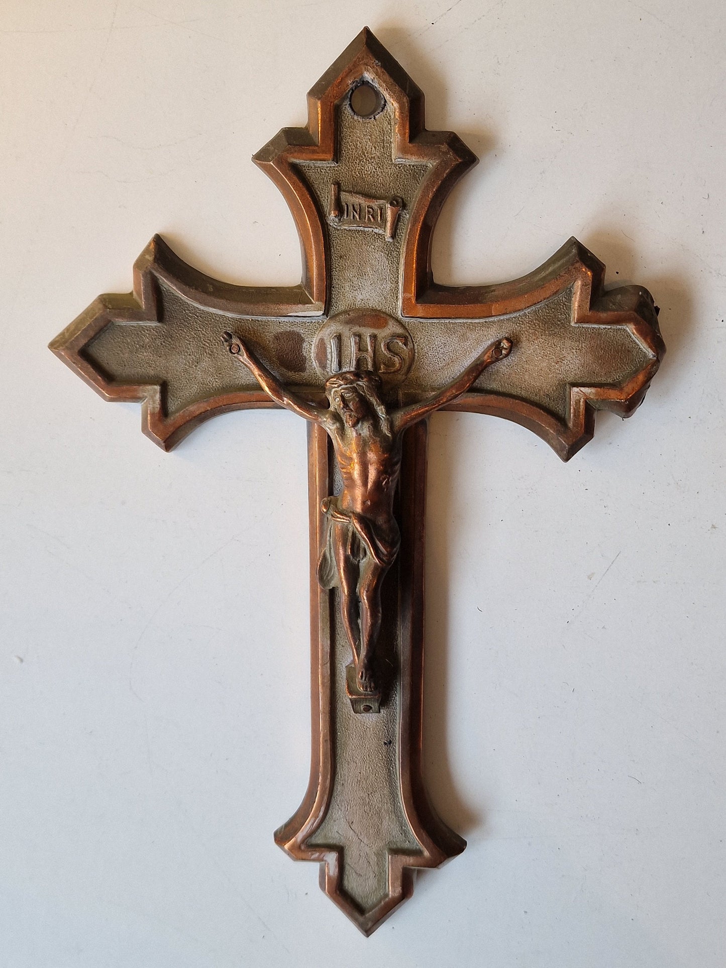 Antique Handcarved Bronze INRI Cross, Belgium, ca 1900