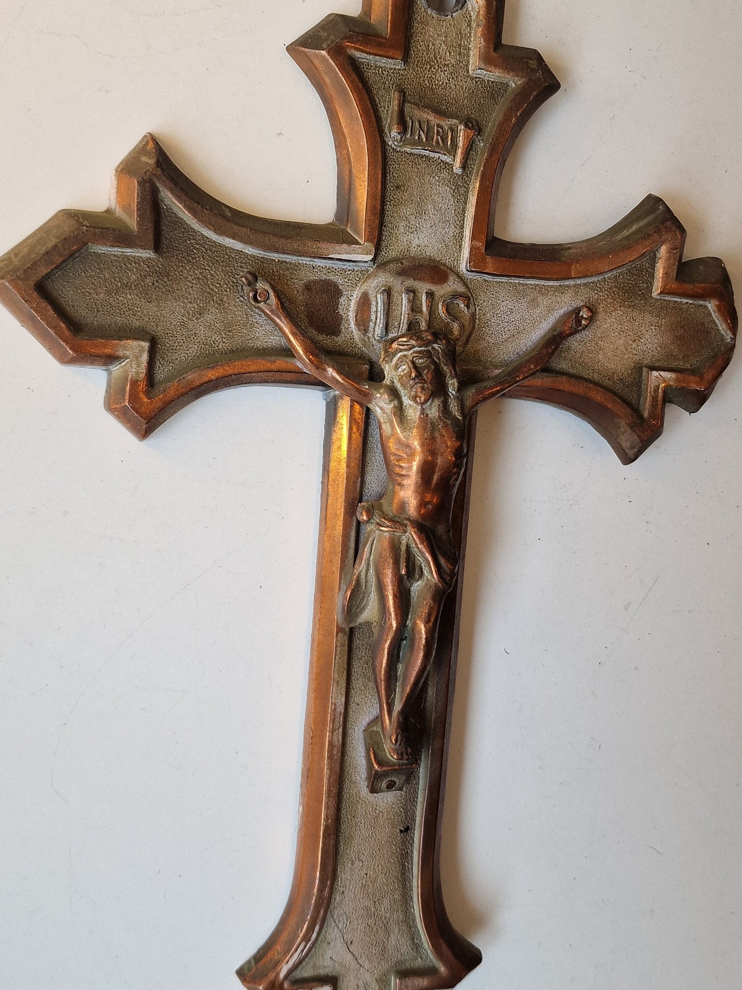 Antique Handcarved Bronze INRI Cross, Belgium, ca 1900