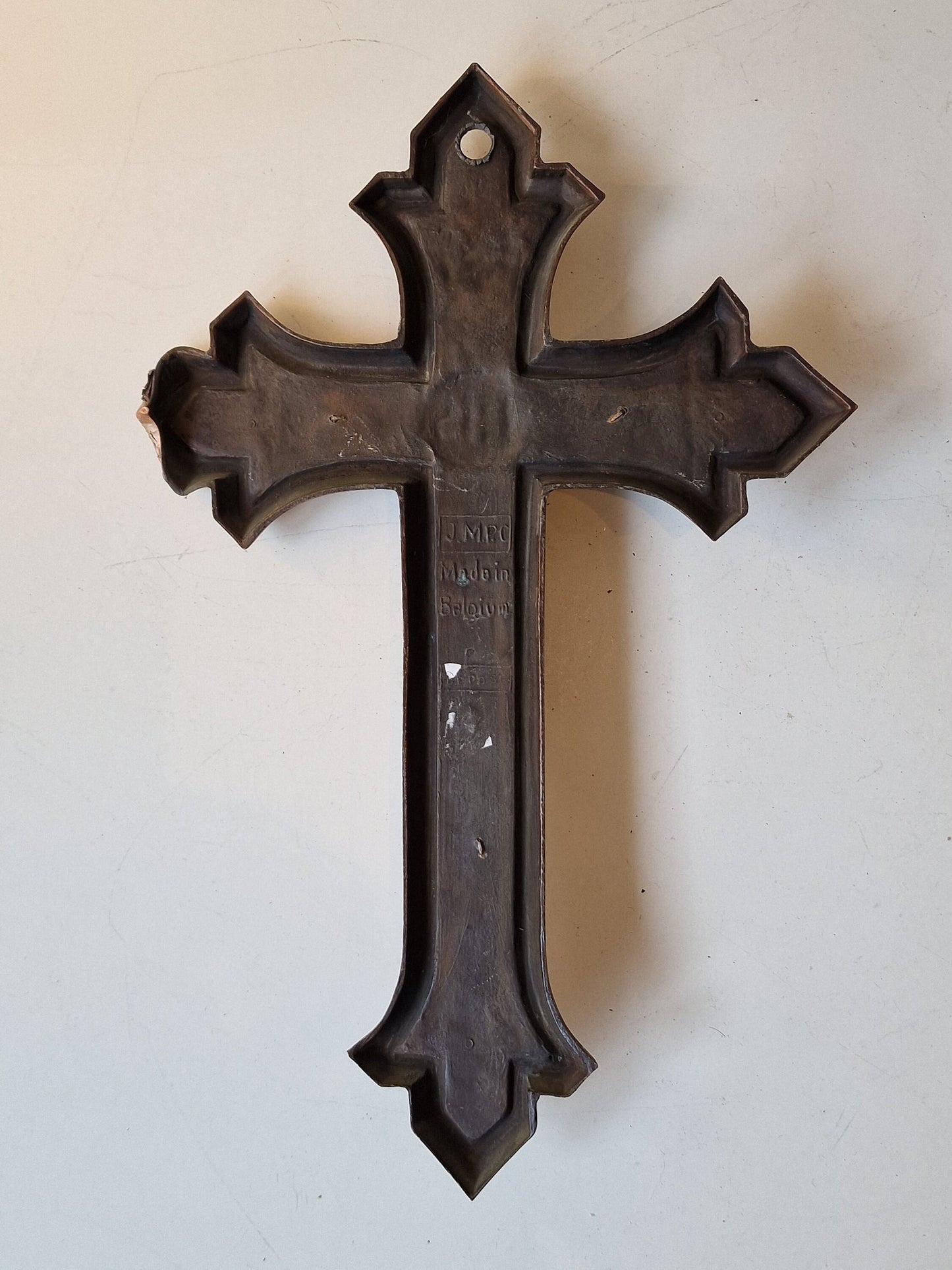 Antique Handcarved Bronze INRI Cross, Belgium, ca 1900