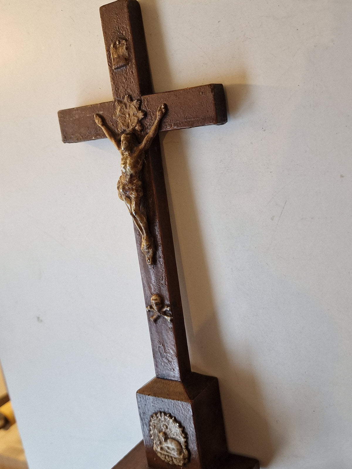 Antique Handcarved Wood Cross with Bronze Jesus, circa 1900