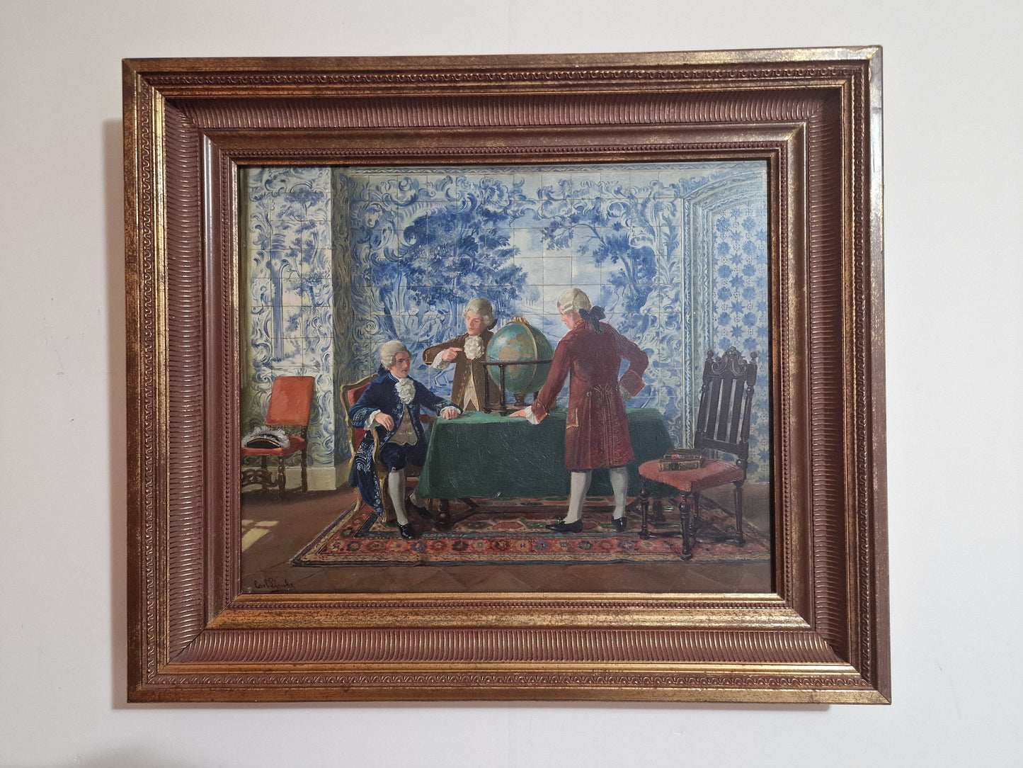 Carl Plinke Oil Painting – 18th Century Interior Scene, Men Around Globe