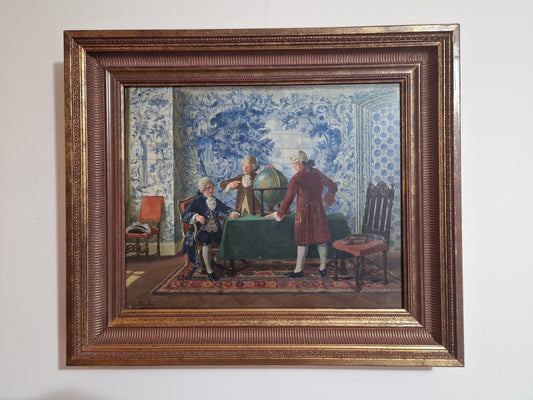 Carl Plinke Oil Painting – 18th Century Interior Scene, Men Around Globe