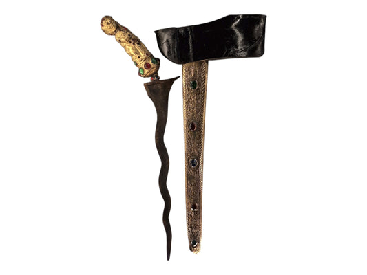 Antique Indonesian Keris Dagger, Gold Plated Figure Handle, Gemstones, 19th Century