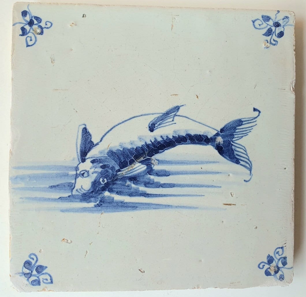Antique Dutch Delft Tile – Fish Design, 17th Century