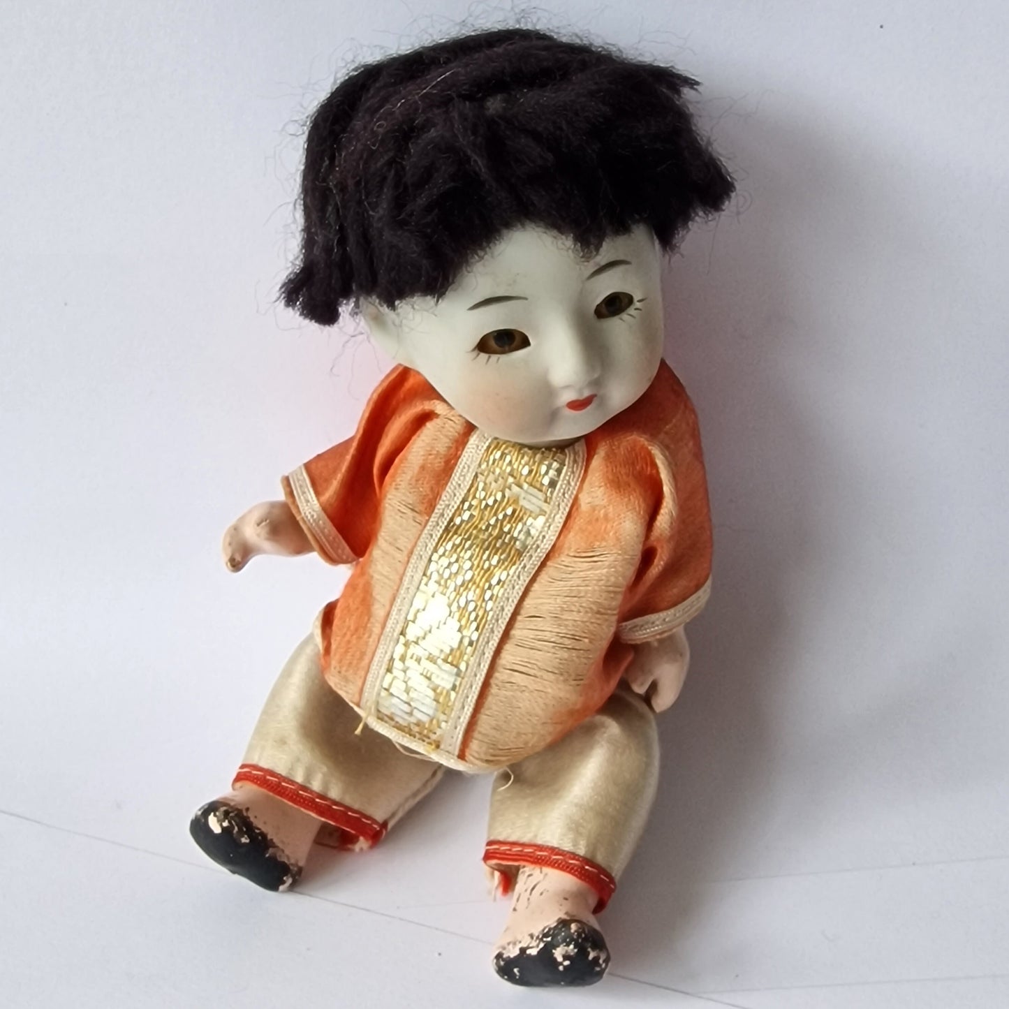 Bisque Porcelain Japanese Doll, Glass Eyes, Mid-Century Collector Figure