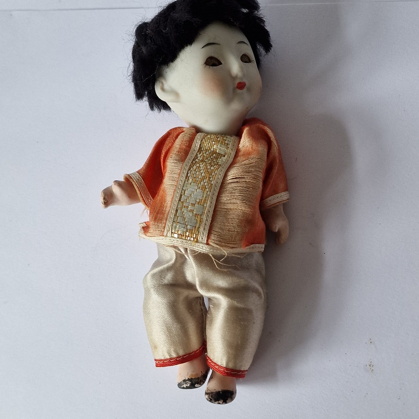 Bisque Porcelain Japanese Doll, Glass Eyes, Mid-Century Collector Figure