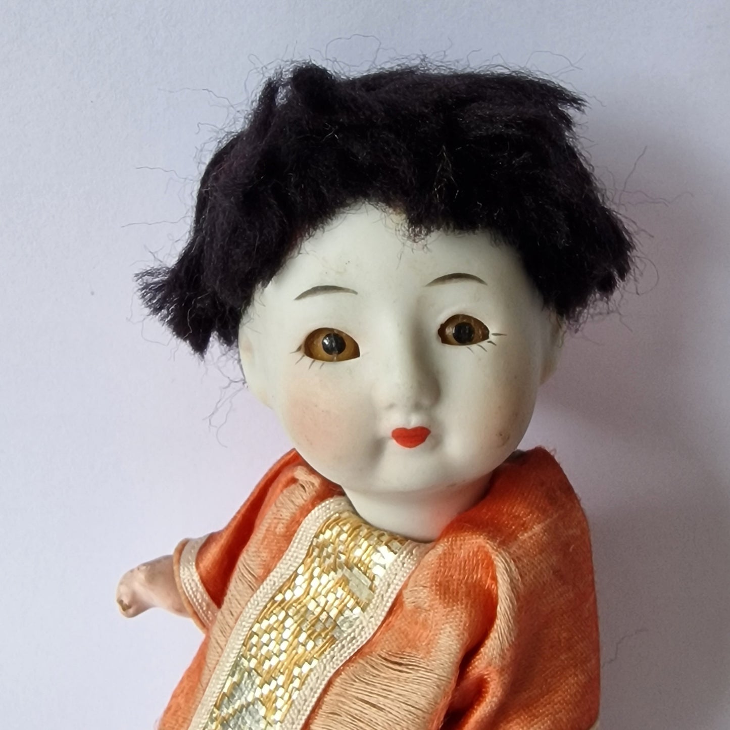 Bisque Porcelain Japanese Doll, Glass Eyes, Mid-Century Collector Figure