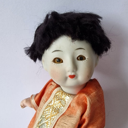 Bisque Porcelain Japanese Doll, Glass Eyes, Mid-Century Collector Figure
