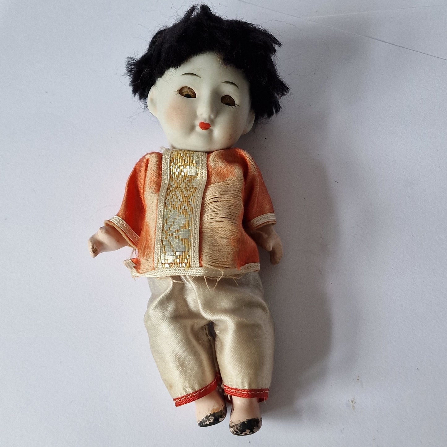 Bisque Porcelain Japanese Doll, Glass Eyes, Mid-Century Collector Figure
