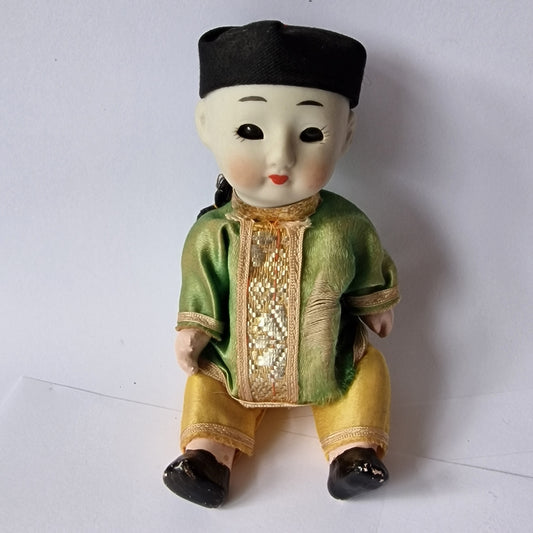 Japanese boy doll, glass eyes, Bisque porcelain, squeeze belly, midcentury figure collector display collectable.
