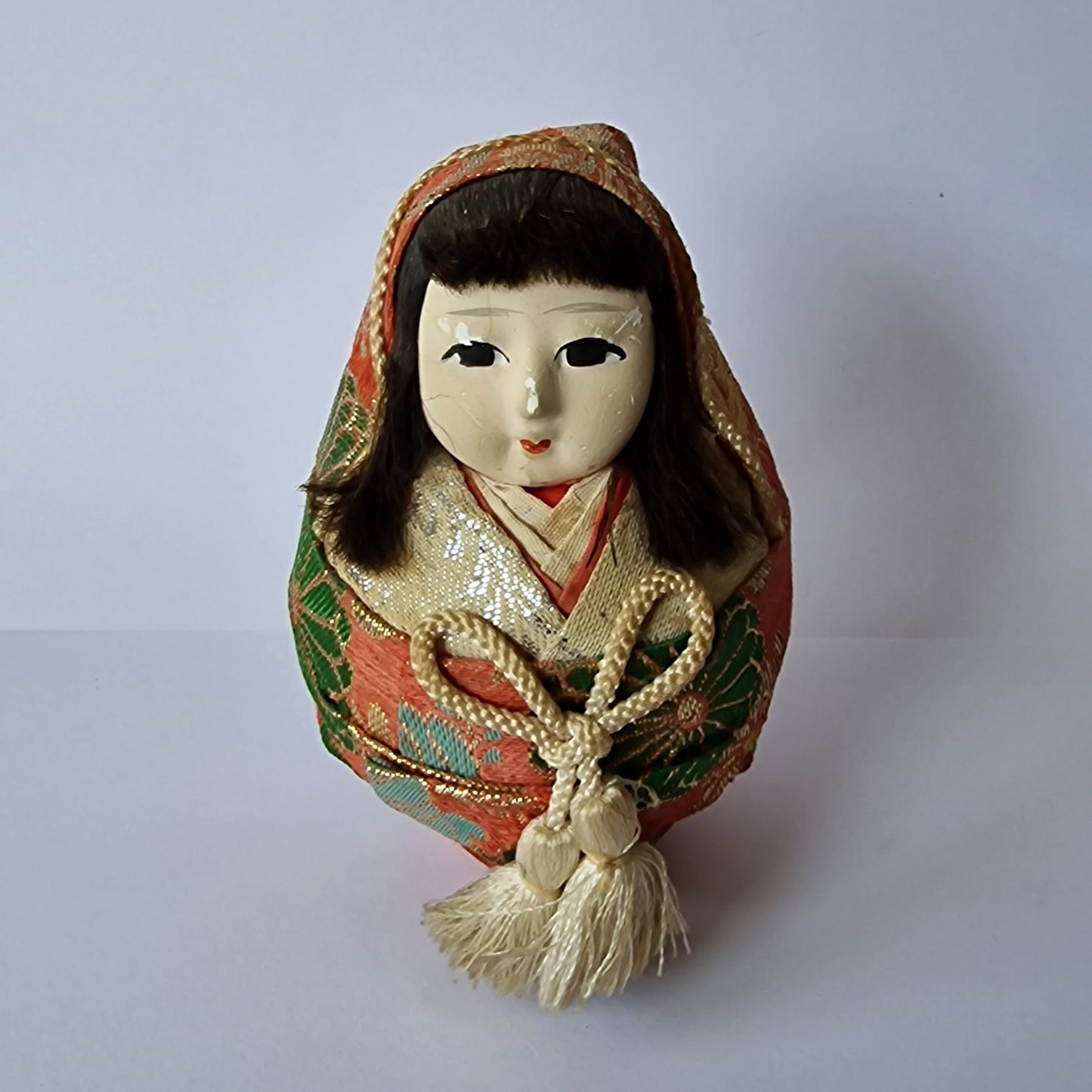 Midcentury Japanese Kokeshi Doll, Silk Kimono, Wedding Gift