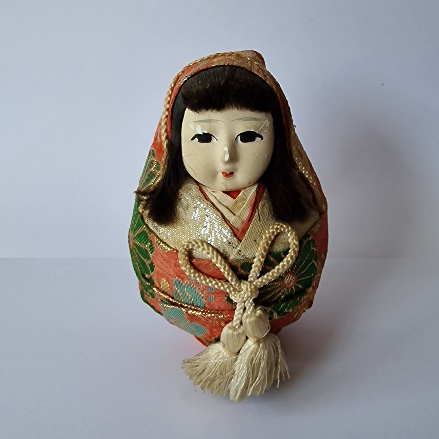 Midcentury Japanese Kokeshi Doll, Silk Kimono, Wedding Gift