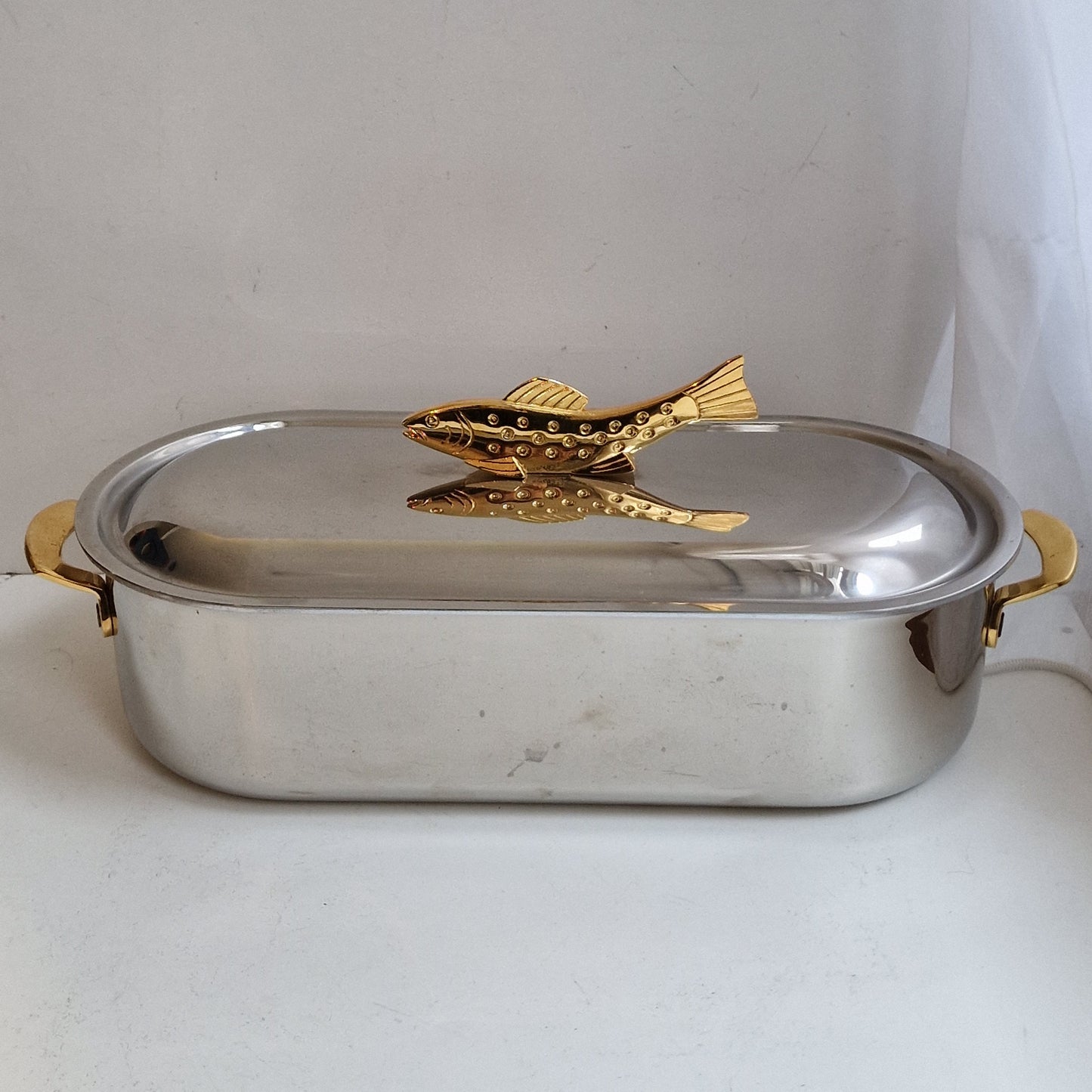 forel swiss trout pan cooking serving xl chrome brass marked switserland