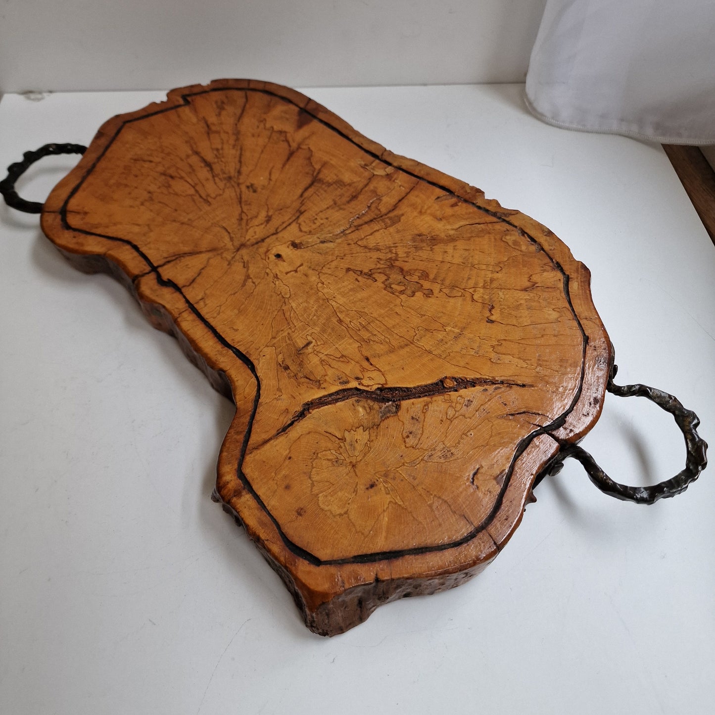 Hardwood Tree Trunk Serving Tray, Chrome Handles, Banquet Cheese Board