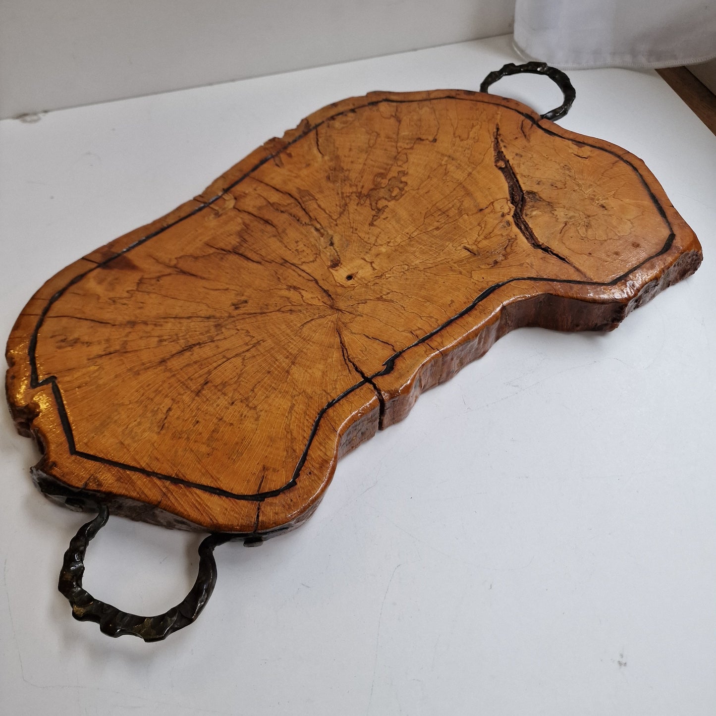 Hardwood Tree Trunk Serving Tray, Chrome Handles, Banquet Cheese Board