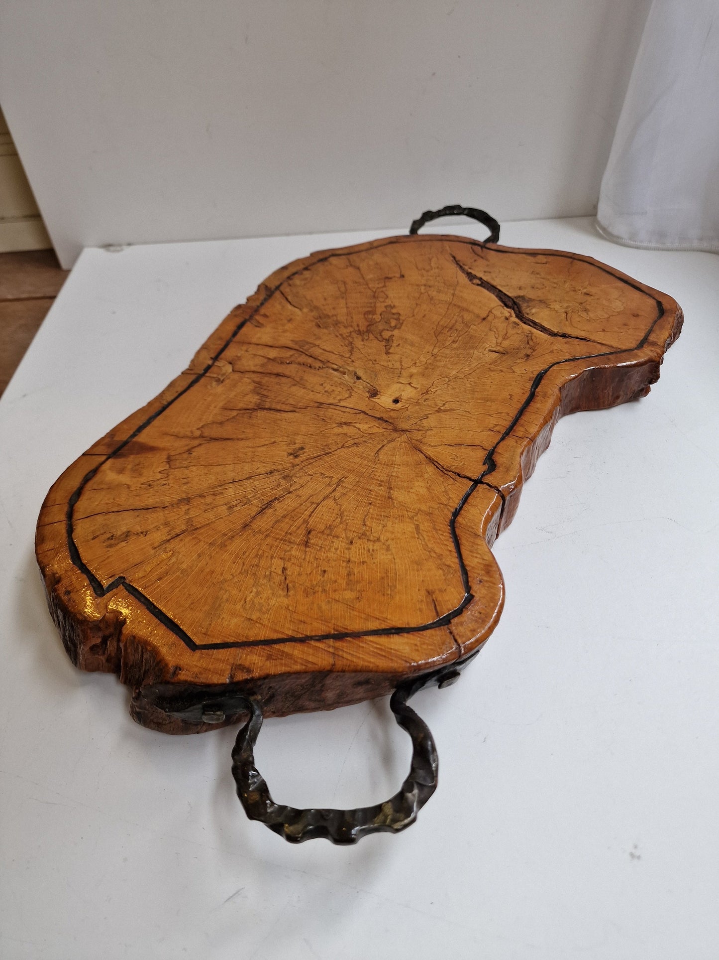 Hardwood Tree Trunk Serving Tray, Chrome Handles, Banquet Cheese Board