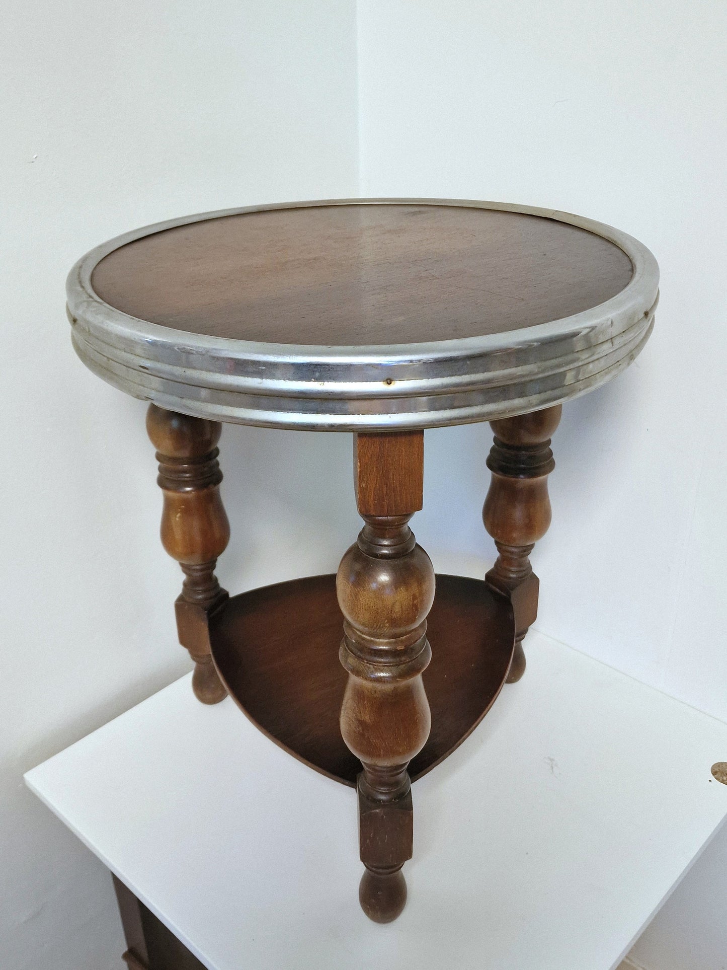 Art Deco Oak Side Table, Chrome Accent, Amsterdam School Design