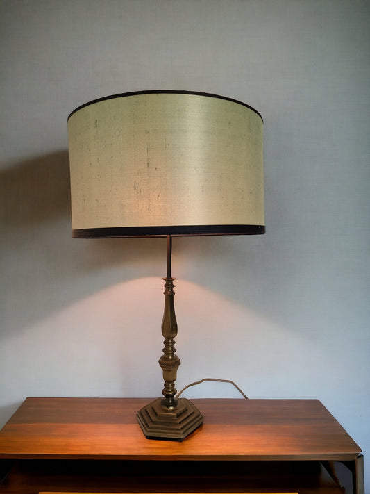 Antique Brass Bouillotte Table Lamp, Pistachio Silk Shade
