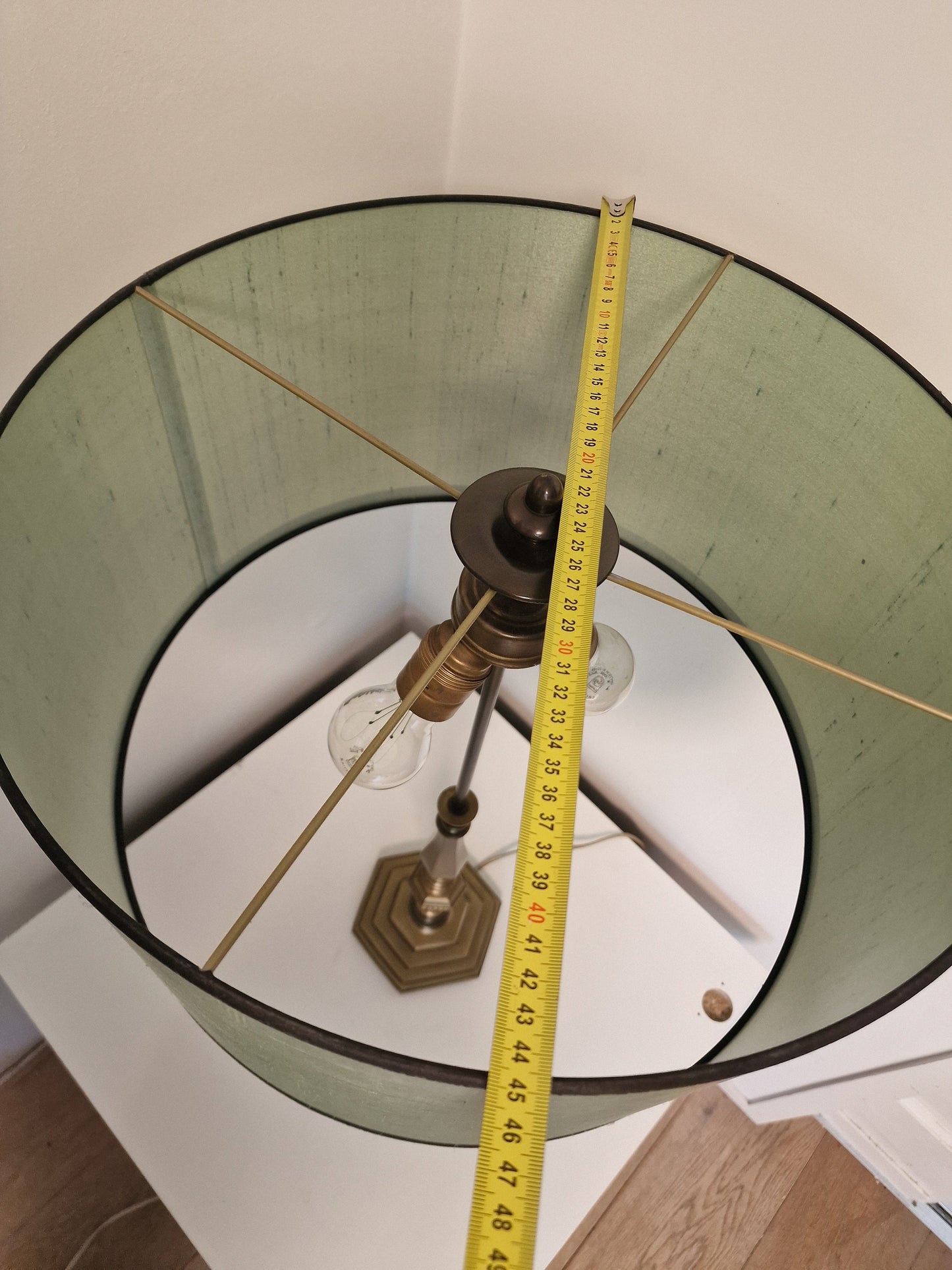 Antique Brass Bouillotte Table Lamp, Pistachio Silk Shade