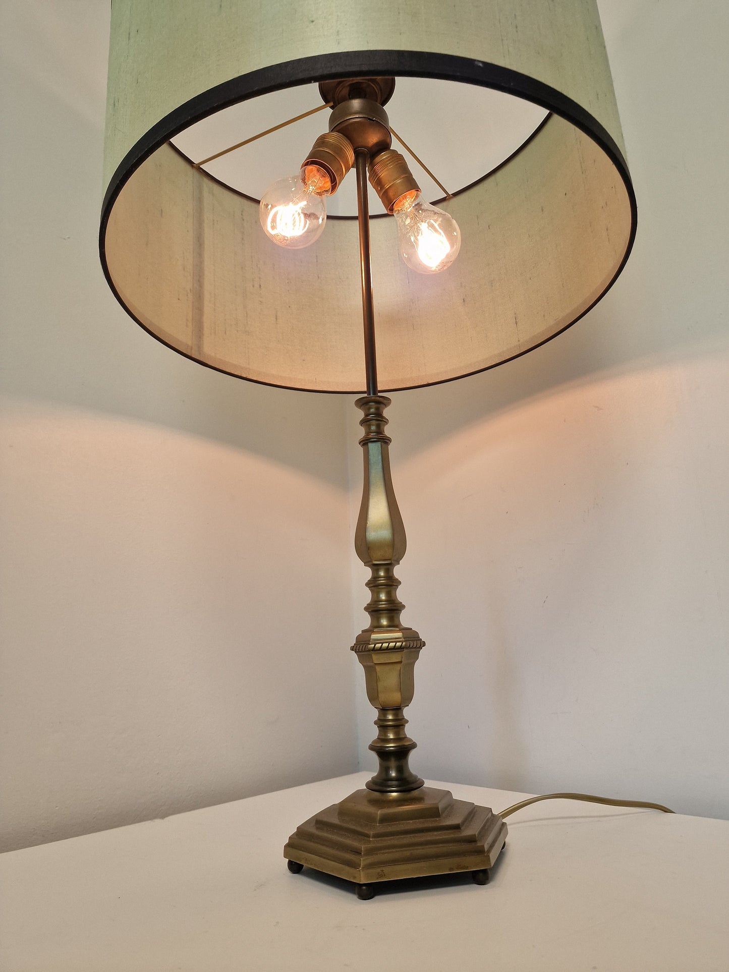 Antique Brass Bouillotte Table Lamp, Pistachio Silk Shade