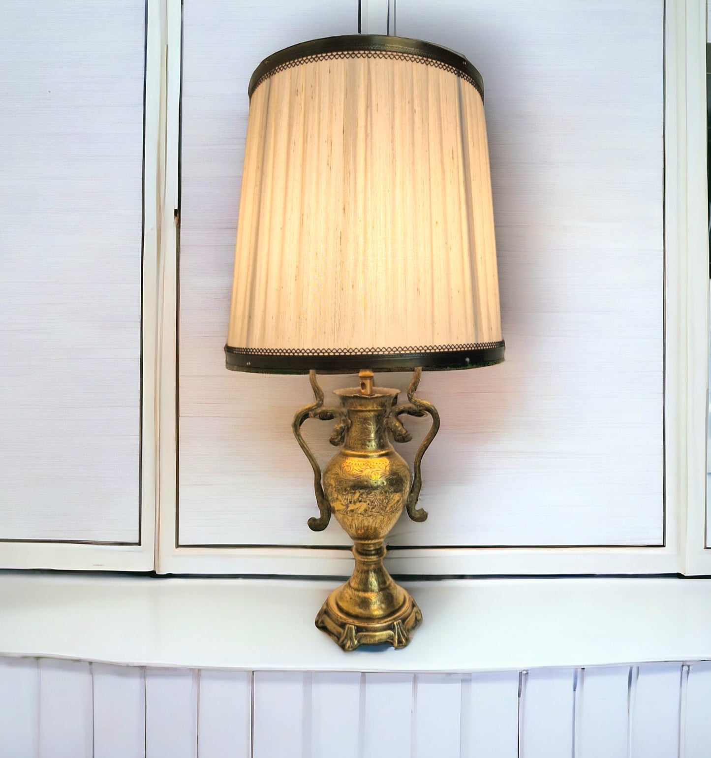 Old tablelamp with mythic creatures, seacreatures, cobra, brass copper mysterious lamp