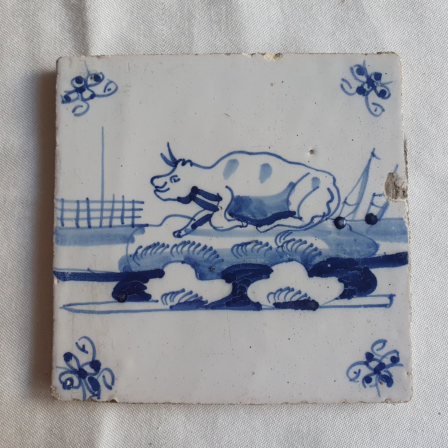 Antique Delft Blue Tile – 18th Century Dutch Cow Design