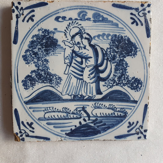 Antieke tegel met Bijbelse voorstelling  18th in ossekophoek, antique dutch delft blue tile bible