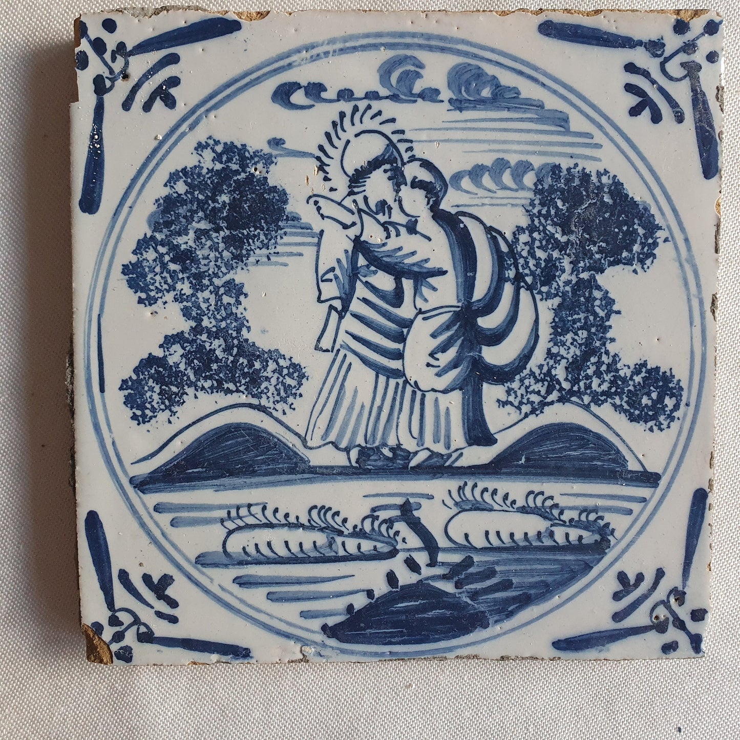 Antieke tegel met Bijbelse voorstelling  18th in ossekophoek, antique dutch delft blue tile bible