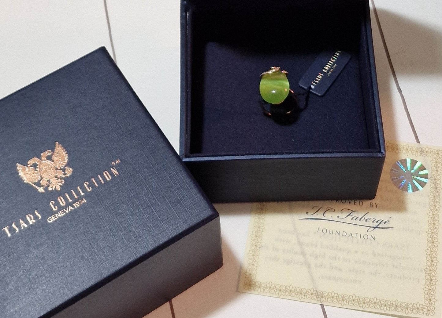FABERGE Tatiana Sterling Silver Gilded Egg Ring, Green Cabochon Fabergé