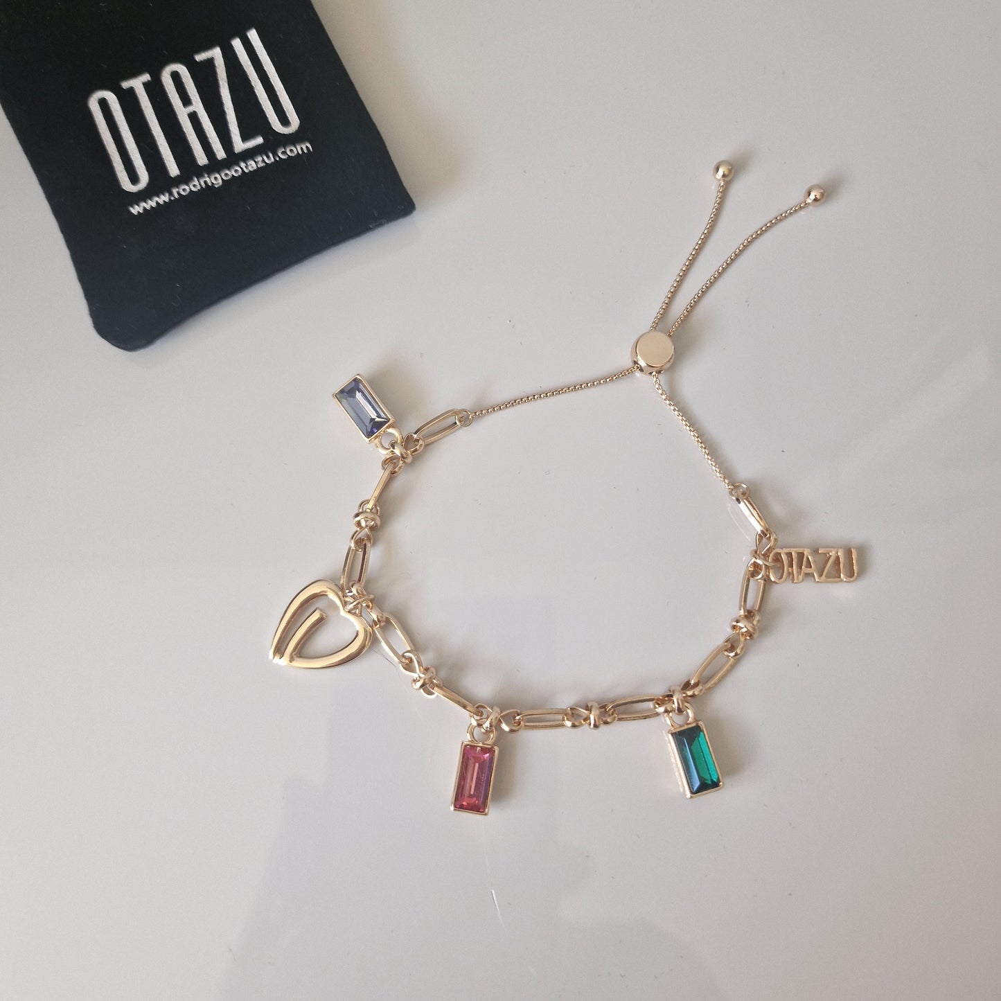 OTAZU Gold Plated Charm Bracelet, Gem Crystals, Adjustable Size