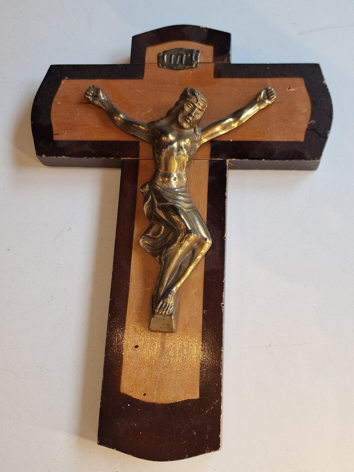 Antique Handcarved Wood Cross, Bronze Jesus Icon, ca 1900