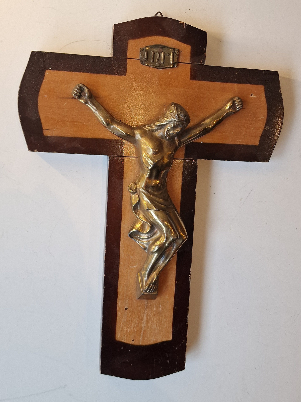 Antique Handcarved Wood Cross, Bronze Jesus Icon, ca 1900