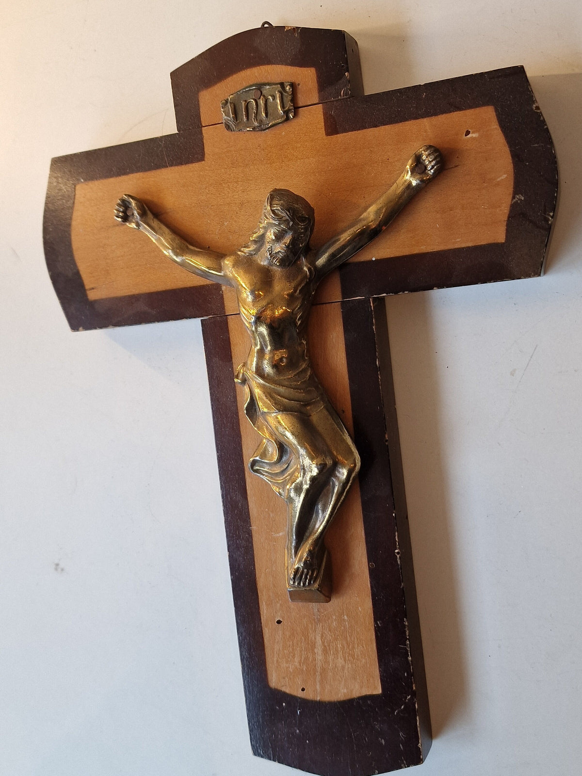 Antique Handcarved Wood Cross, Bronze Jesus Icon, ca 1900