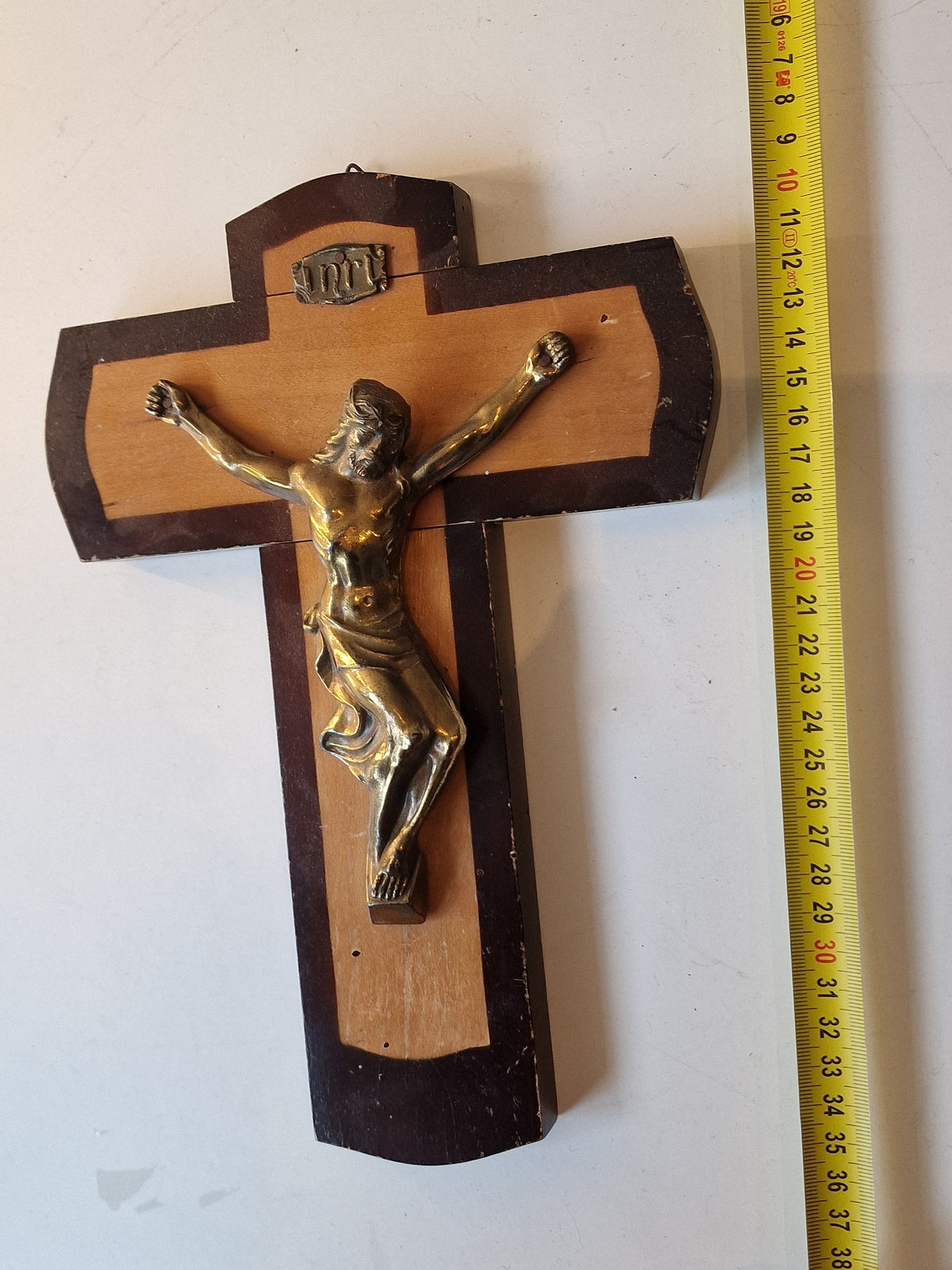 Antique Handcarved Wood Cross, Bronze Jesus Icon, ca 1900