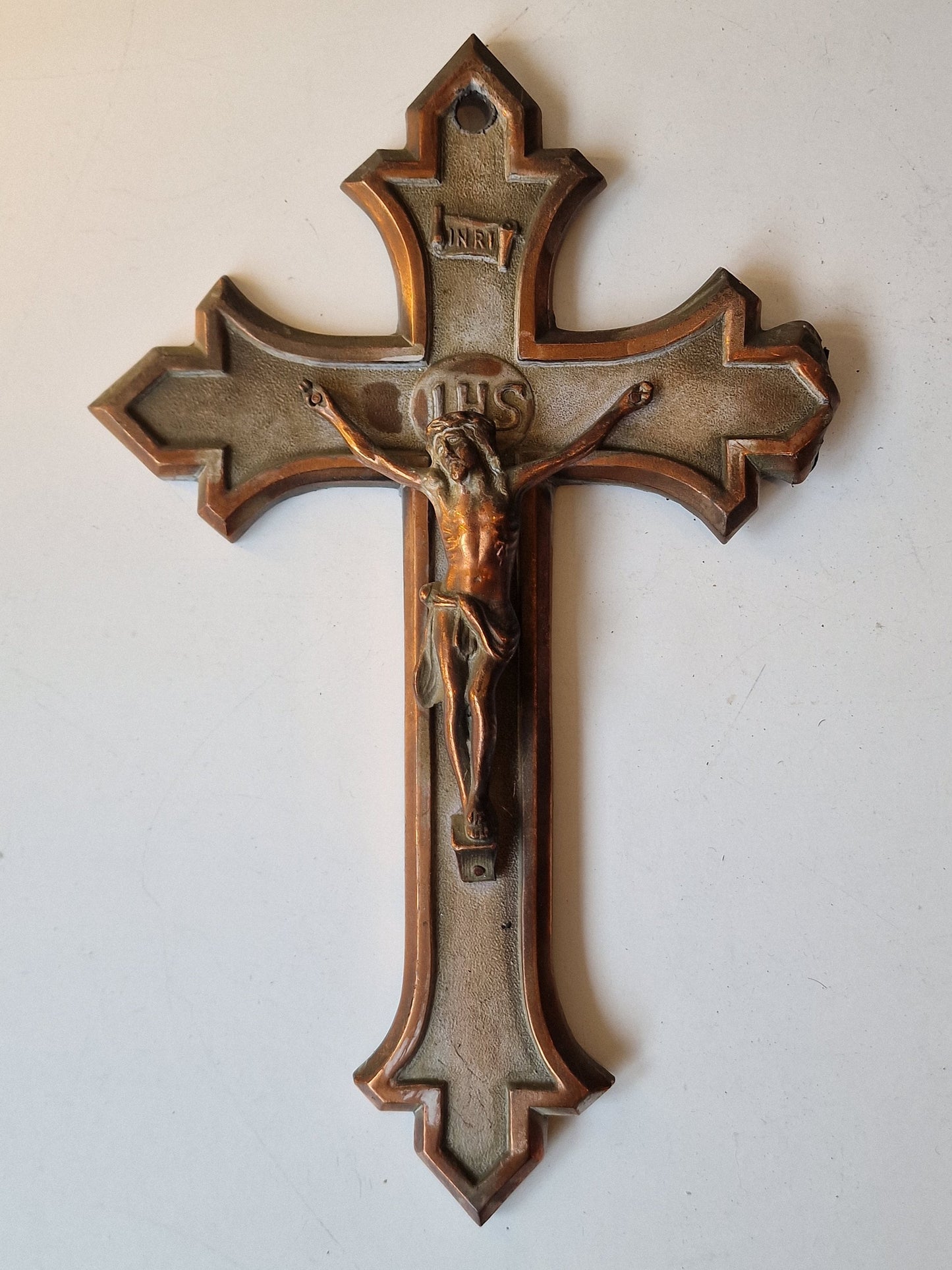 Antique Handcarved Bronze INRI Cross, Belgium, ca 1900