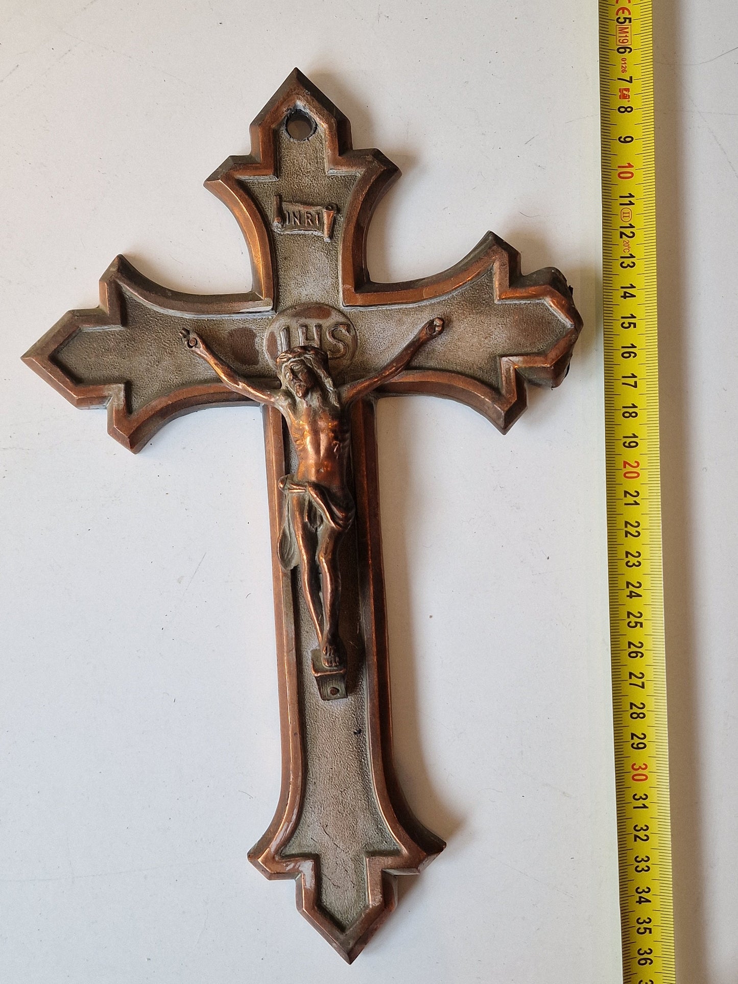 Antique Handcarved Bronze INRI Cross, Belgium, ca 1900