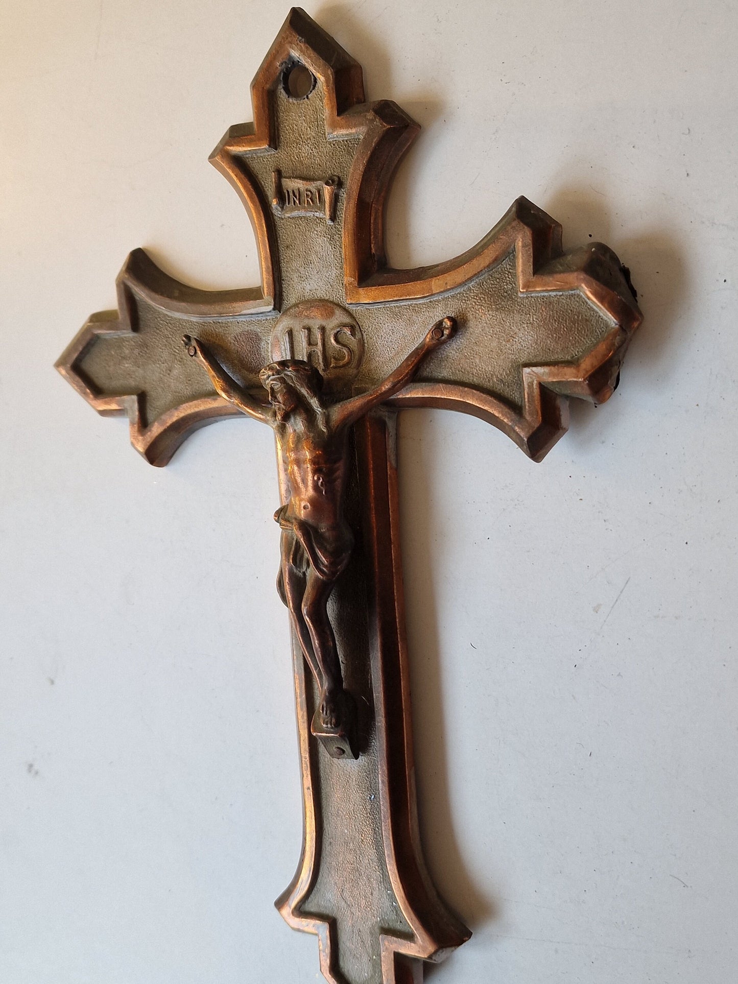 Antique Handcarved Bronze INRI Cross, Belgium, ca 1900
