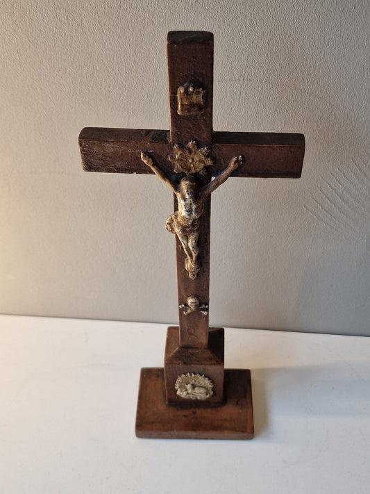 Antique Handcarved Wood Cross with Bronze Jesus, circa 1900