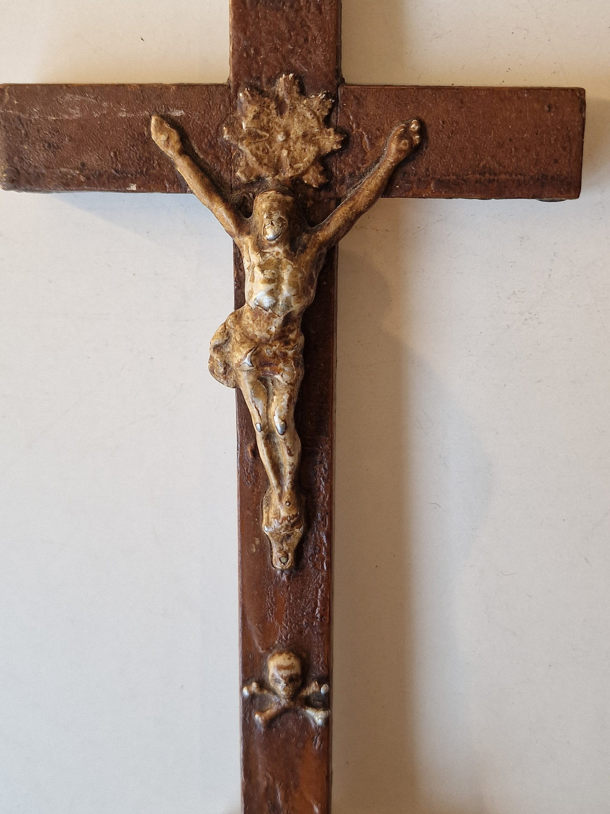 Antique Handcarved Wood Cross with Bronze Jesus, circa 1900