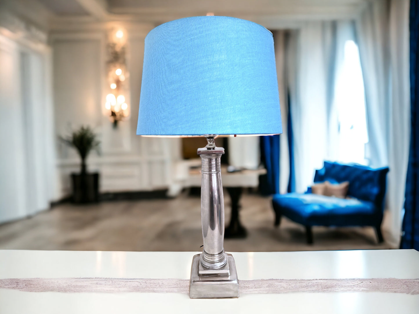 Silver-Plated Neoclassical Table Lamps, Blue Hood, Williams Sheffield, XL