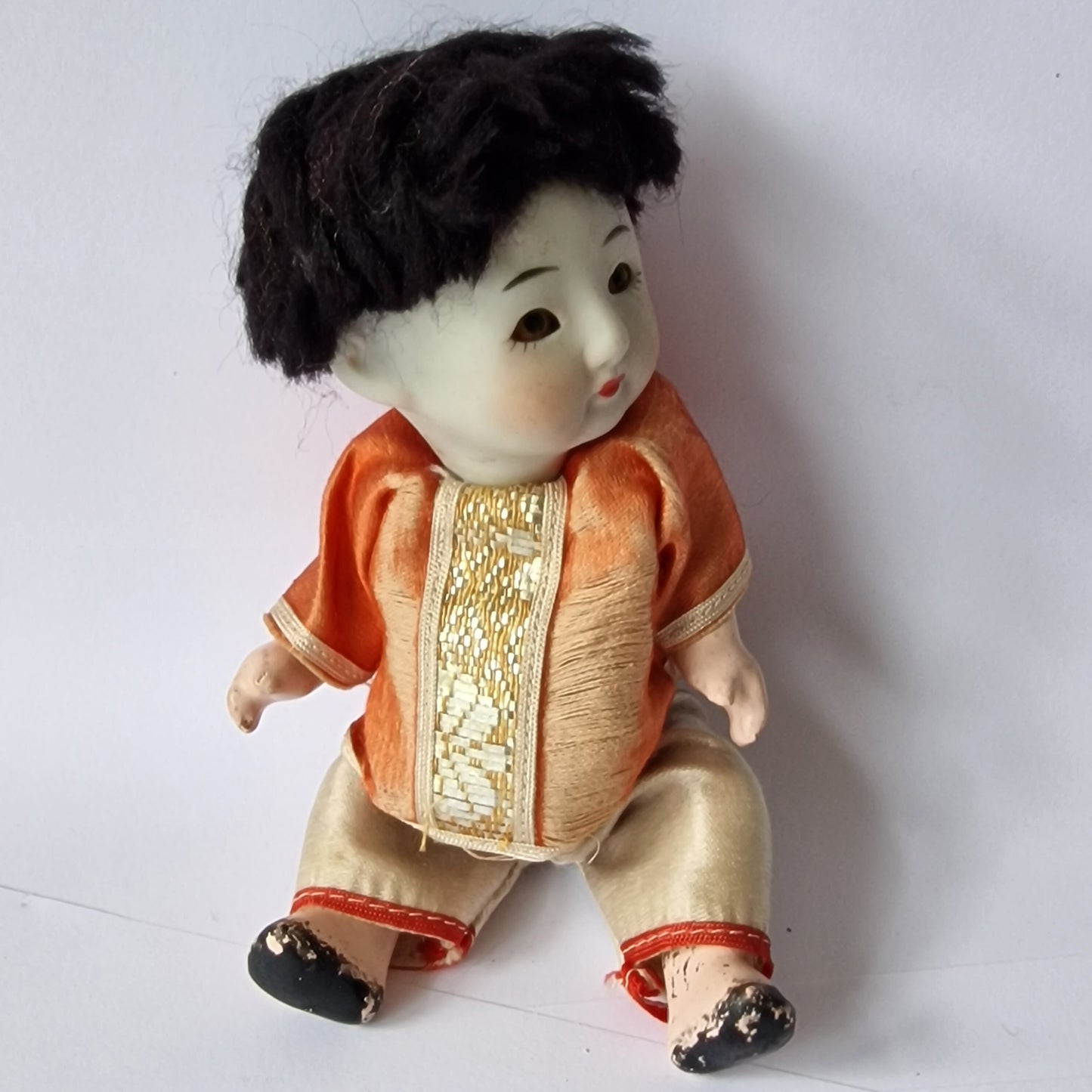 Bisque Porcelain Japanese Doll, Glass Eyes, Mid-Century Collector Figure