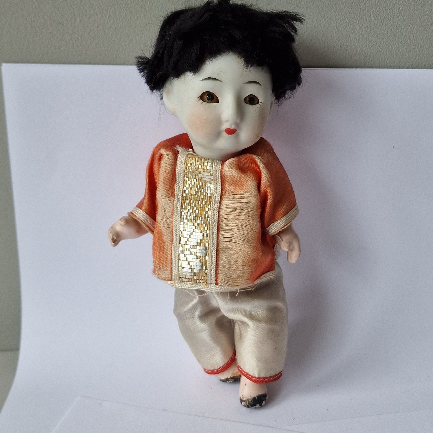 Bisque Porcelain Japanese Doll, Glass Eyes, Mid-Century Collector Figure