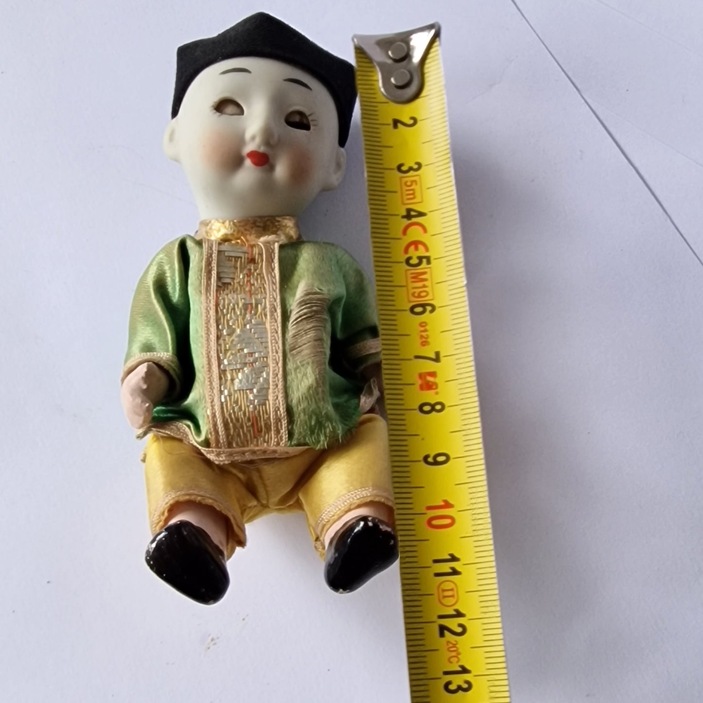 Japanese boy doll, glass eyes, Bisque porcelain, squeeze belly, midcentury figure collector display collectable.